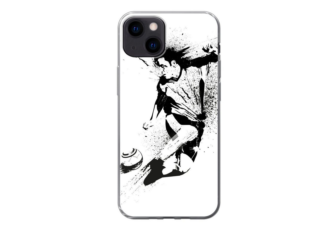 MuchoWow Handyhülle Eine Illustration einer Person, die einen Fußball in Richtung Tor, Handyhülle Apple iPhone 13, Smartphone-Bumper, Print, Handy von MuchoWow