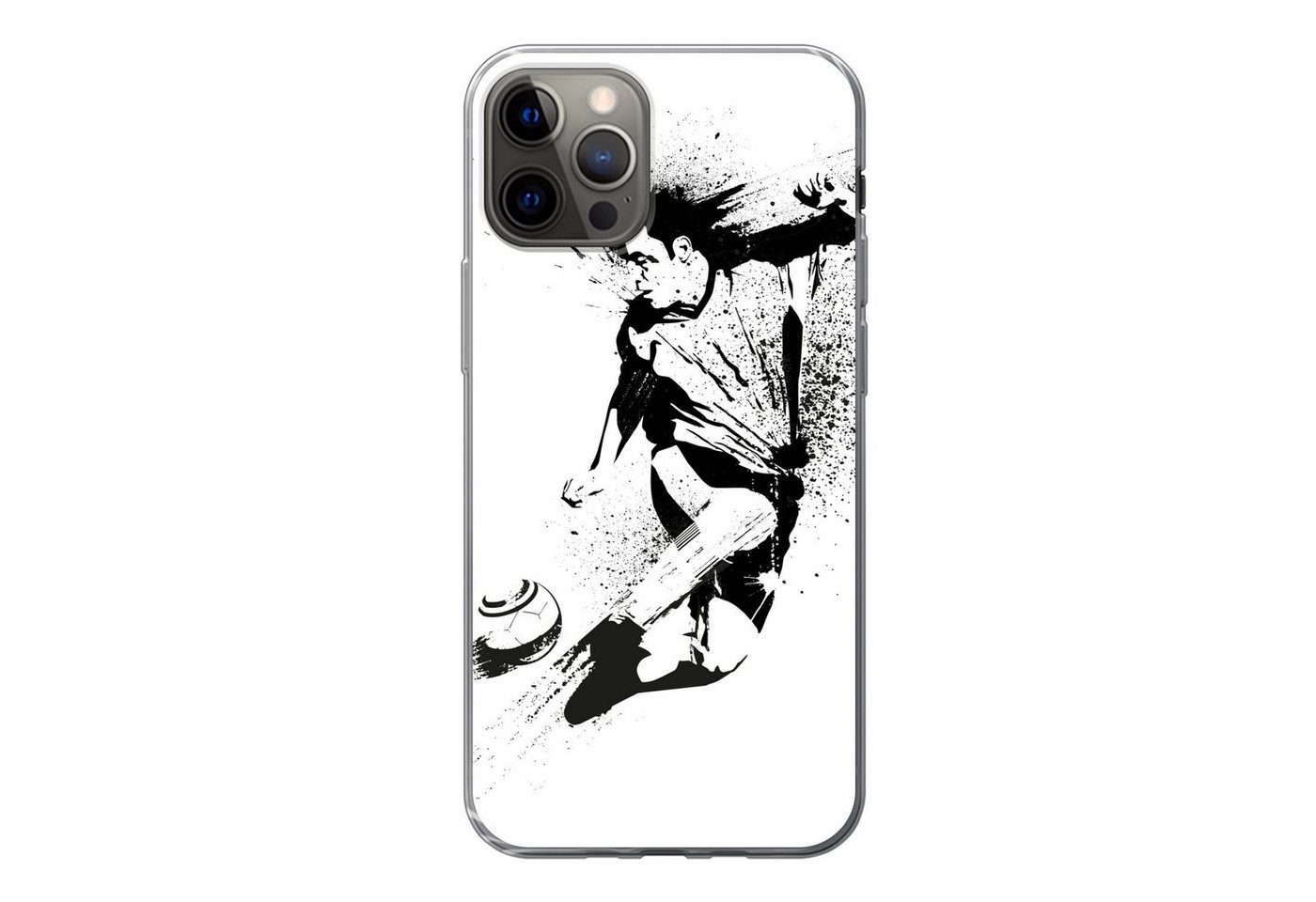 MuchoWow Handyhülle Eine Illustration einer Person, die einen Fußball in Richtung Tor, Handyhülle Apple iPhone 13 Pro, Smartphone-Bumper, Print, Handy von MuchoWow