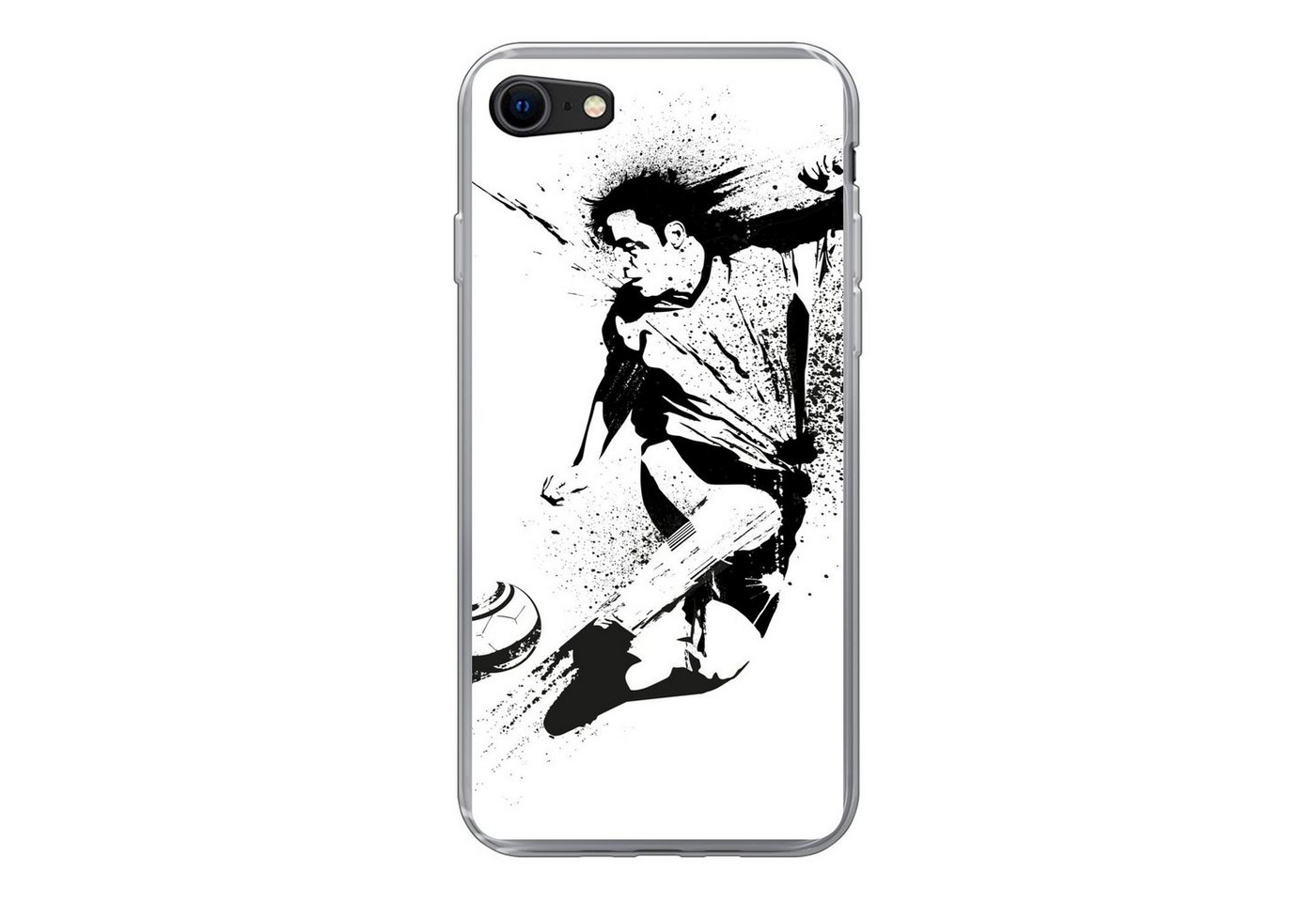 MuchoWow Handyhülle Eine Illustration einer Person, die einen Fußball in Richtung Tor, Handyhülle Apple iPhone SE (2020), Smartphone-Bumper, Print, Handy von MuchoWow