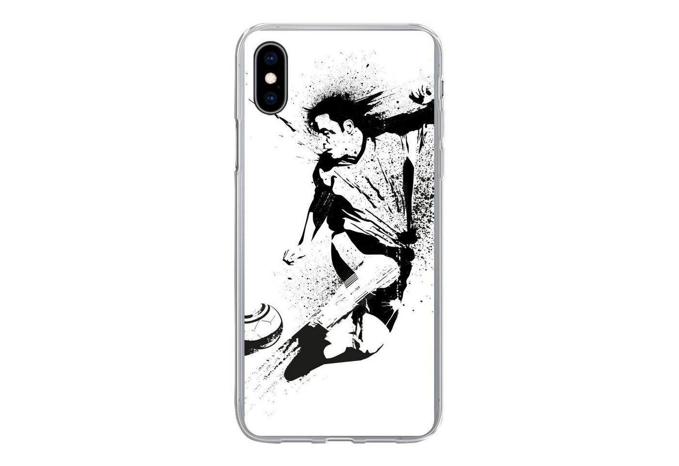 MuchoWow Handyhülle Eine Illustration einer Person, die einen Fußball in Richtung Tor, Handyhülle Apple iPhone Xs, Smartphone-Bumper, Print, Handy von MuchoWow