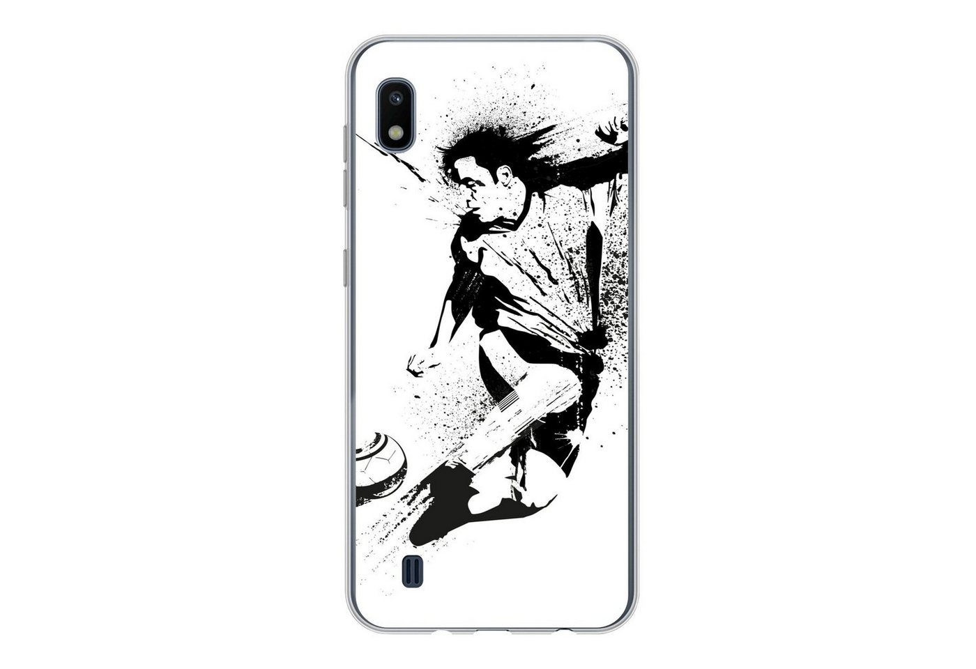 MuchoWow Handyhülle Eine Illustration einer Person, die einen Fußball in Richtung Tor, Handyhülle Samsung Galaxy A10, Smartphone-Bumper, Print, Handy von MuchoWow
