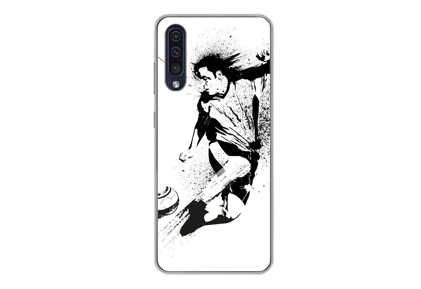 MuchoWow Handyhülle Eine Illustration einer Person, die einen Fußball in Richtung Tor, Handyhülle Samsung Galaxy A50, Smartphone-Bumper, Print, Handy von MuchoWow
