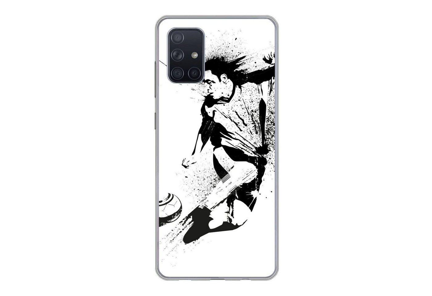 MuchoWow Handyhülle Eine Illustration einer Person, die einen Fußball in Richtung Tor, Handyhülle Samsung Galaxy A51, Smartphone-Bumper, Print, Handy von MuchoWow