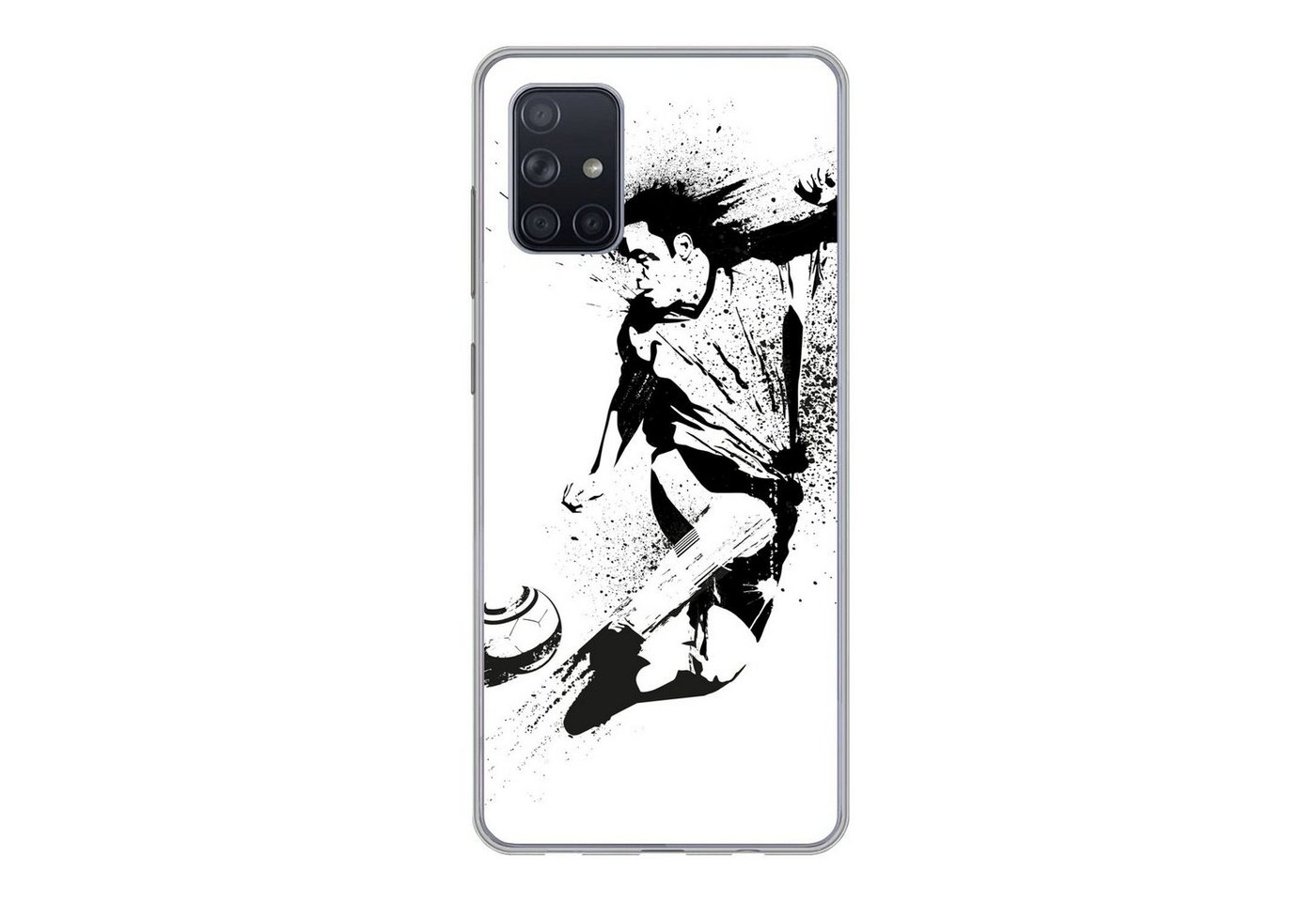 MuchoWow Handyhülle Eine Illustration einer Person, die einen Fußball in Richtung Tor, Handyhülle Samsung Galaxy A51 5G, Smartphone-Bumper, Print, Handy von MuchoWow