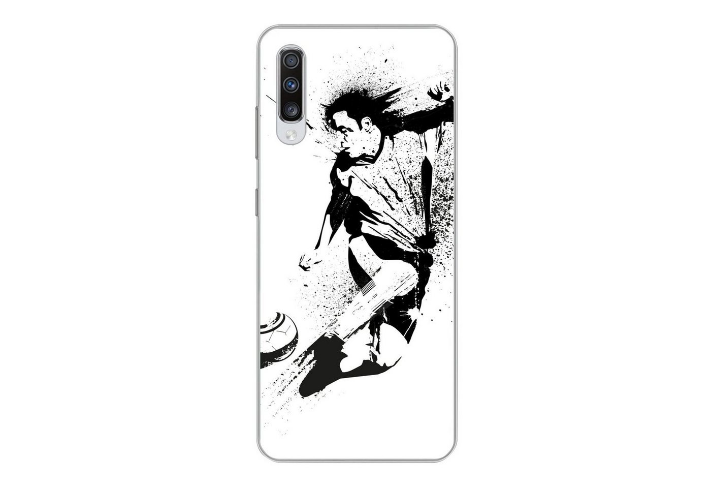 MuchoWow Handyhülle Eine Illustration einer Person, die einen Fußball in Richtung Tor, Phone Case, Handyhülle Samsung Galaxy A70, Silikon, Schutzhülle von MuchoWow