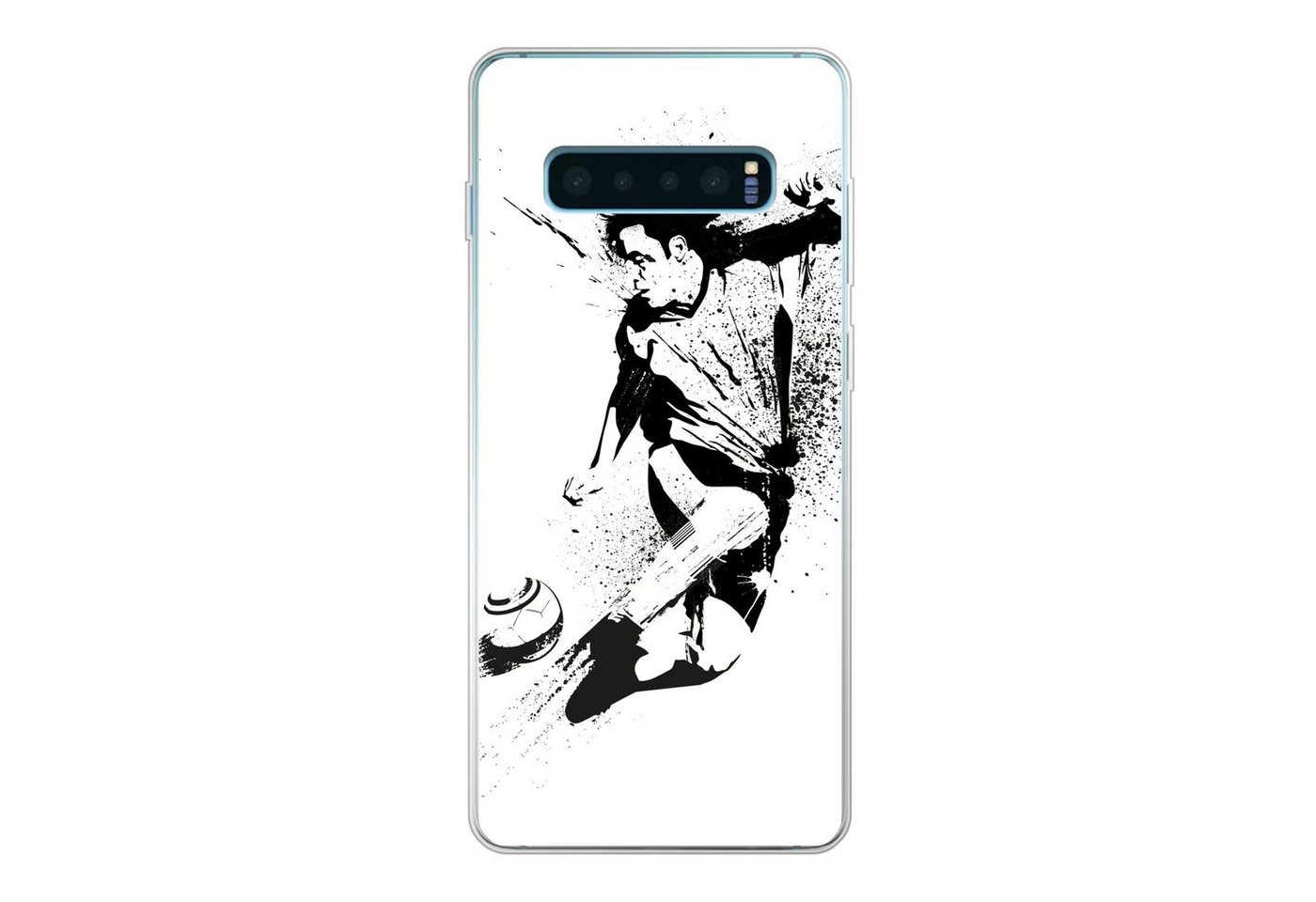 MuchoWow Handyhülle Eine Illustration einer Person, die einen Fußball in Richtung Tor, Phone Case, Handyhülle Samsung Galaxy S10+, Silikon, Schutzhülle von MuchoWow
