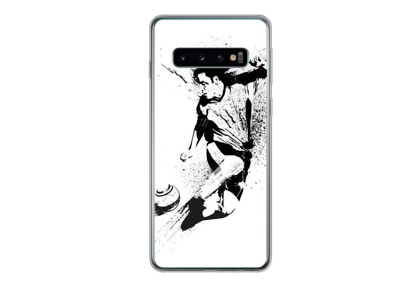 MuchoWow Handyhülle Eine Illustration einer Person, die einen Fußball in Richtung Tor, Phone Case, Handyhülle Samsung Galaxy S10, Silikon, Schutzhülle von MuchoWow