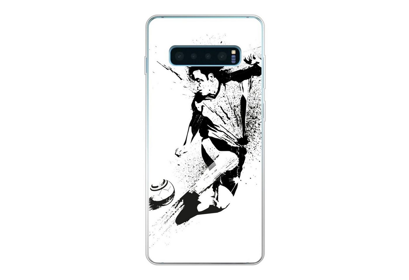 MuchoWow Handyhülle Eine Illustration einer Person, die einen Fußball in Richtung Tor, Phone Case, Handyhülle Samsung Galaxy S10 Lite, Silikon, Schutzhülle von MuchoWow