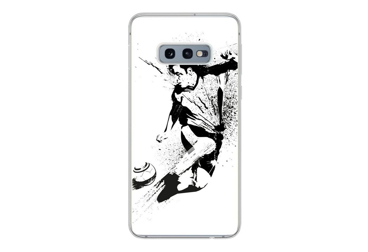 MuchoWow Handyhülle Eine Illustration einer Person, die einen Fußball in Richtung Tor, Phone Case, Handyhülle Samsung Galaxy S10e, Silikon, Schutzhülle von MuchoWow