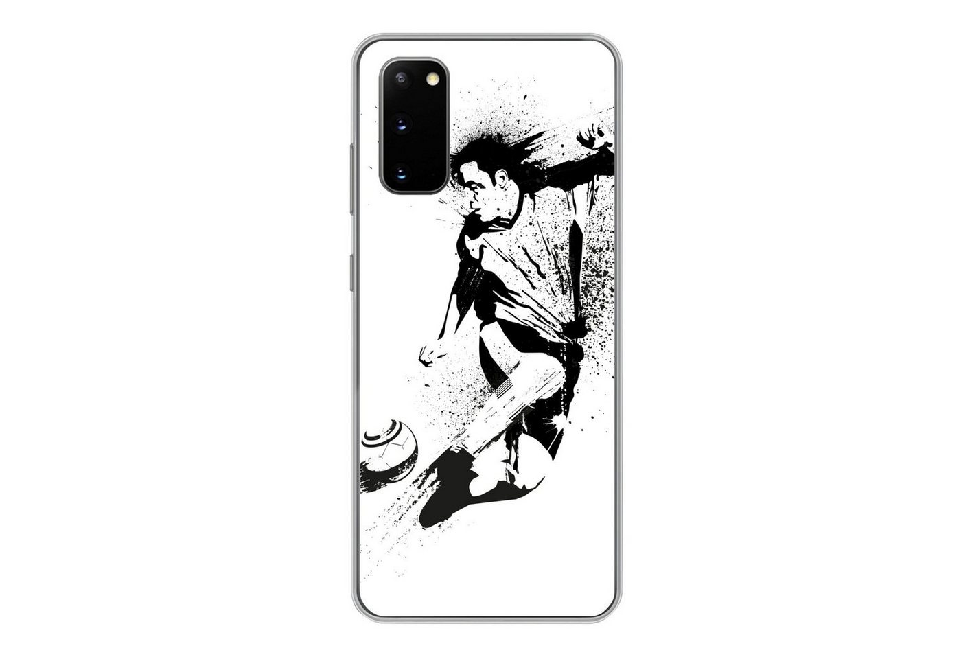MuchoWow Handyhülle Eine Illustration einer Person, die einen Fußball in Richtung Tor, Phone Case, Handyhülle Samsung Galaxy S20, Silikon, Schutzhülle von MuchoWow