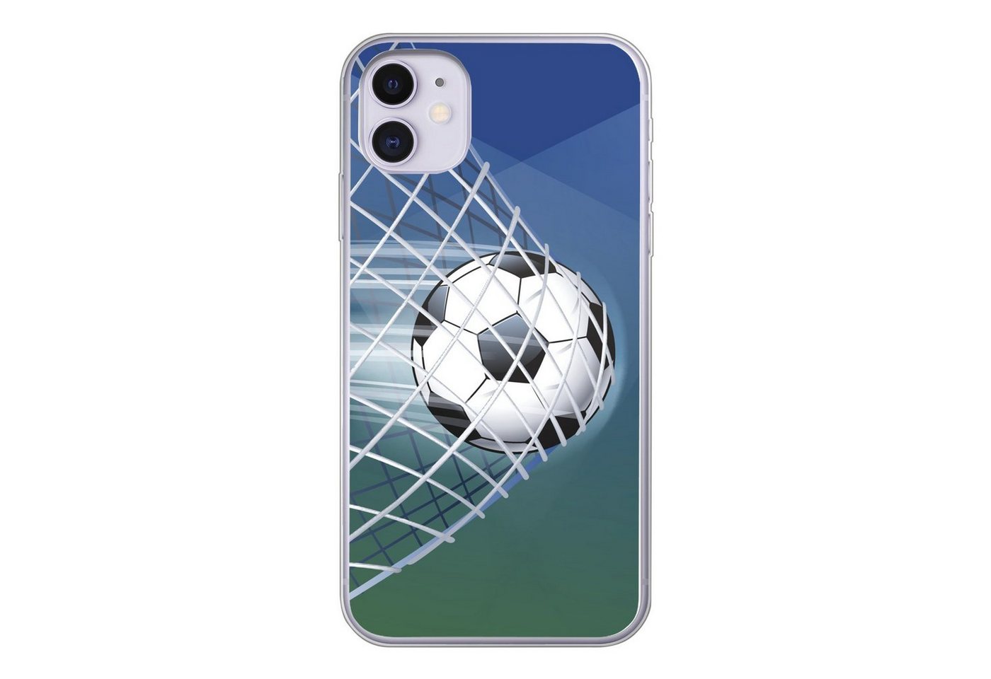 MuchoWow Handyhülle Eine Illustration eines Fußballs im Netz - Jungen - Mädchen - Kinder, Handyhülle Apple iPhone 11, Smartphone-Bumper, Print, Handy von MuchoWow