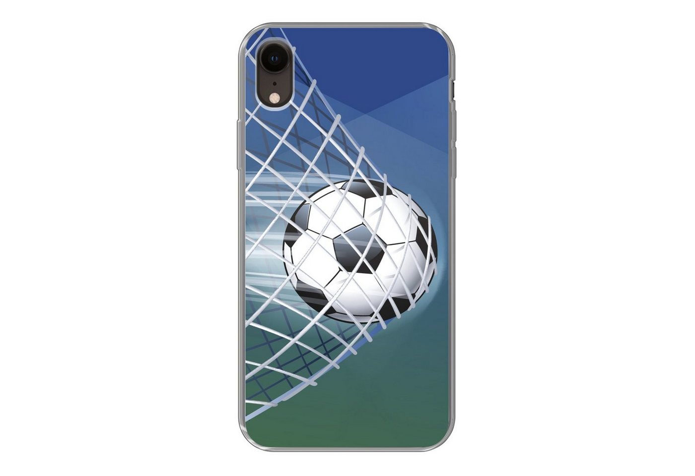 MuchoWow Handyhülle Eine Illustration eines Fußballs im Netz - Jungen - Mädchen - Kinder, Handyhülle Apple iPhone XR, Smartphone-Bumper, Print, Handy von MuchoWow