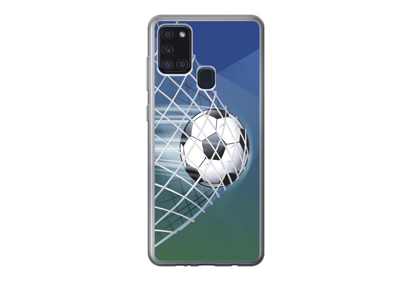 MuchoWow Handyhülle Eine Illustration eines Fußballs im Netz - Jungen - Mädchen - Kinder, Handyhülle Samsung Galaxy A21s, Smartphone-Bumper, Print, Handy von MuchoWow