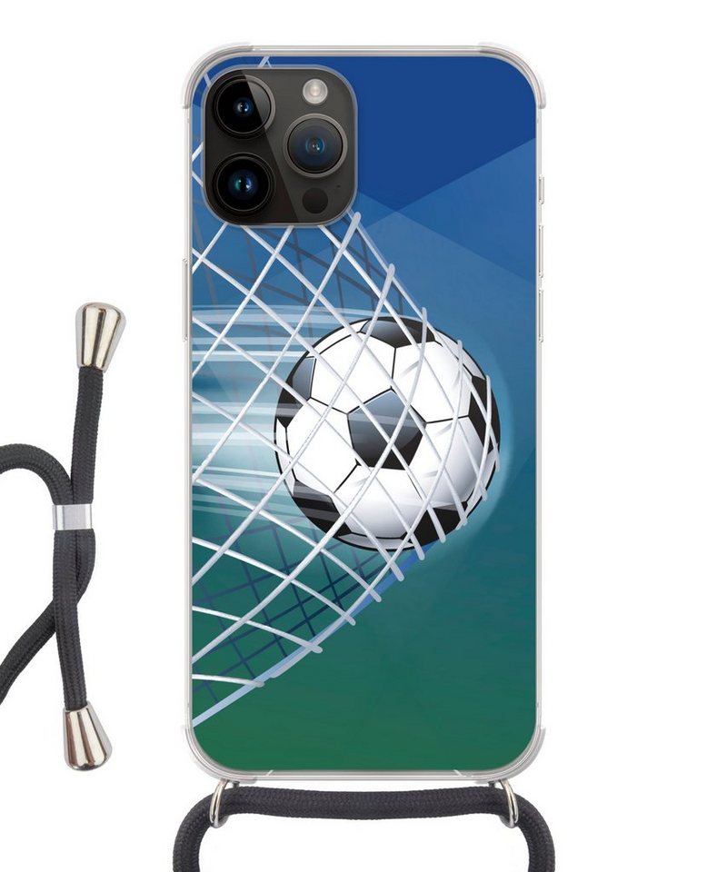 MuchoWow Handyhülle Eine Illustration eines Fußballs im Netz - Jungen - Mädchen - Kinder, Handyhülle Telefonhülle Apple iPhone 14 Pro Max von MuchoWow
