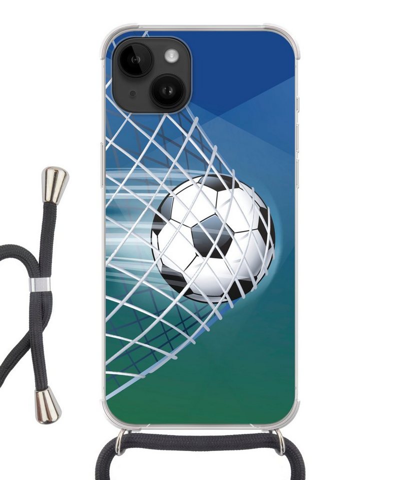 MuchoWow Handyhülle Eine Illustration eines Fußballs im Netz - Jungen - Mädchen - Kinder, Handyhülle Telefonhülle Apple iPhone 14 von MuchoWow