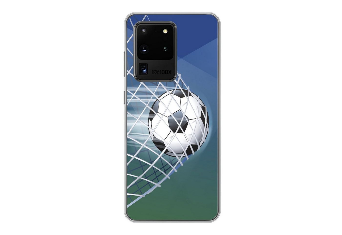 MuchoWow Handyhülle Eine Illustration eines Fußballs im Netz - Jungen - Mädchen - Kinder, Phone Case, Handyhülle Samsung Galaxy S20 Ultra, Silikon, Schutzhülle von MuchoWow