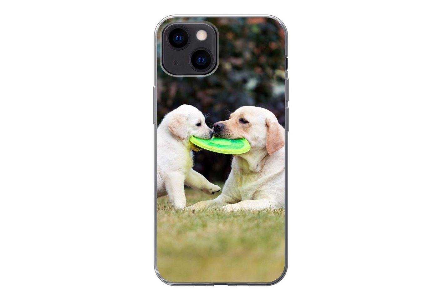 MuchoWow Handyhülle Hund mit seinem Welpen und einem Frisbee, Handyhülle Apple iPhone 13 Mini, Smartphone-Bumper, Print, Handy von MuchoWow