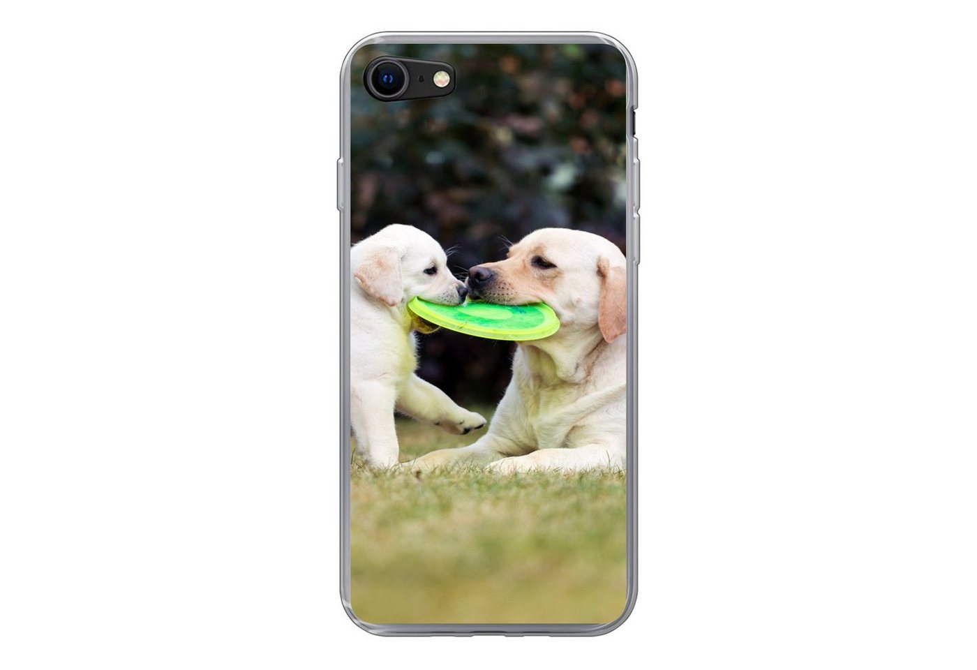 MuchoWow Handyhülle Hund mit seinem Welpen und einem Frisbee, Handyhülle Apple iPhone SE (2020), Smartphone-Bumper, Print, Handy von MuchoWow