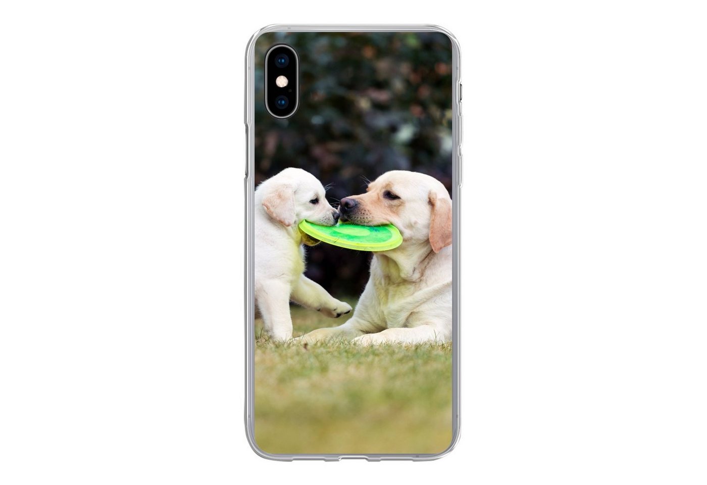 MuchoWow Handyhülle Hund mit seinem Welpen und einem Frisbee, Handyhülle Apple iPhone Xs, Smartphone-Bumper, Print, Handy von MuchoWow