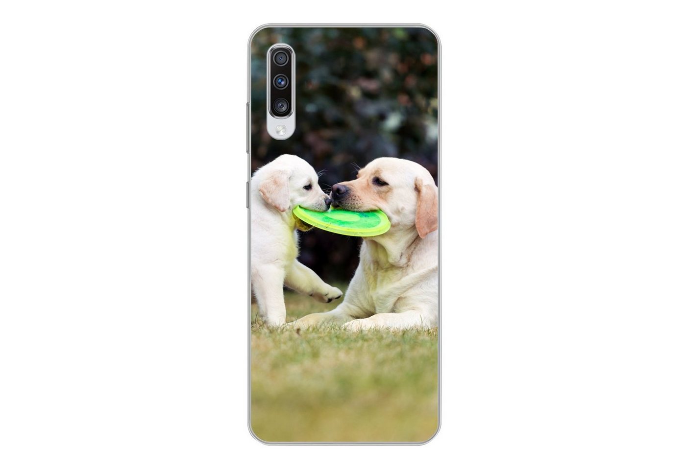 MuchoWow Handyhülle Hund mit seinem Welpen und einem Frisbee, Phone Case, Handyhülle Samsung Galaxy A70, Silikon, Schutzhülle von MuchoWow