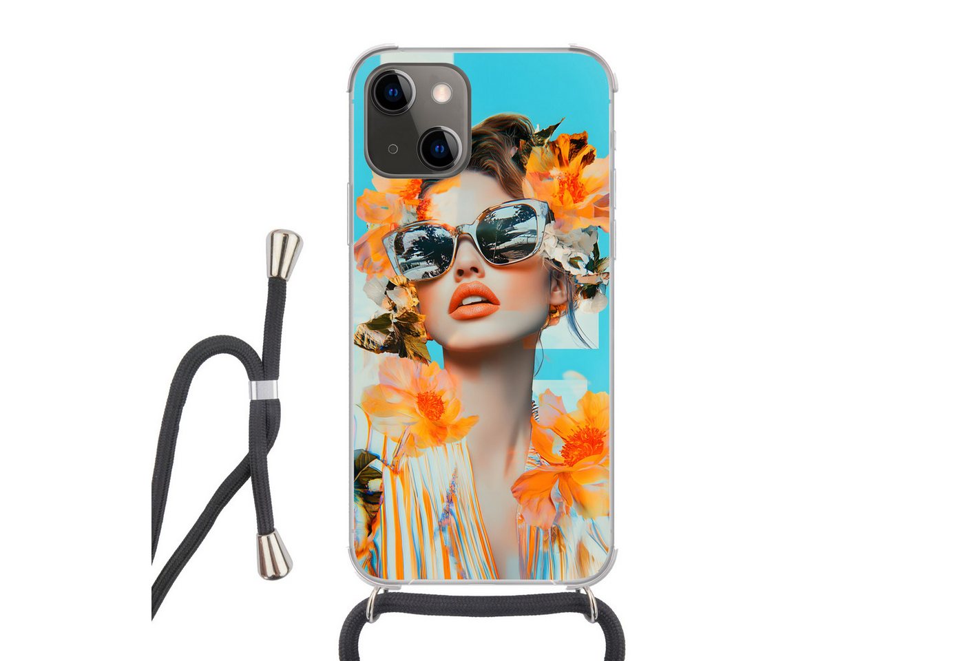 MuchoWow Handyhülle für Apple iPhone 13 Mini Blumen - Frau - Sonnenbrille - Blau, Tragbare Handyhüllen mit Kette zum umhängen, Handykette Handyband von MuchoWow