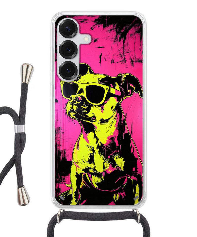 MuchoWow Handyhülle für Samsung Galaxy S25 Plus Hund - Sonnenbrille - Rosa - Kunst, Tragbare Handyhüllen mit Kette zum umhängen, Handykette Handyband von MuchoWow