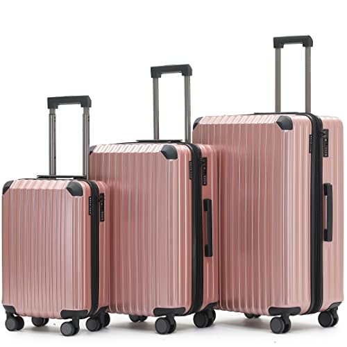 Münicase M816 TSA-Schloss, Dehnungsfuge, Teleskopgriff, Reisekoffer mit 4 Rollen, Hartschale, Große 76cm-Mitte 65cm-Kabinentrolley 55cm, 3er Kofferset, Rosa Gold von Münicase