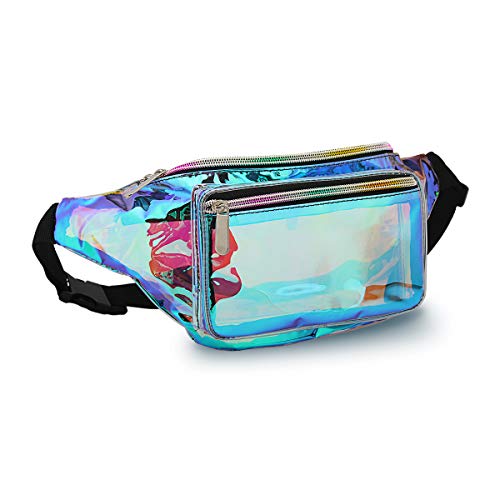Holografische Bauchtasche für Damen und Herren, wasserabweisende Crossbody-Hüfttasche mit mehreren Taschen, verstellbare Gürtel, Radfahren, Stadiongenehmigt (Klarblau) von Mum's memory