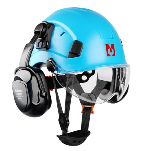 Mustbau Forsthelm, EN397 Schutzhelme mit Kapselgehörschützern und Visier, 53 bis 63 cm Verstellbarer Kopfumfang, strapazierfähiges ABS-Material Für Bauwesen, Forstwirtschaft - Blau von Mustbau