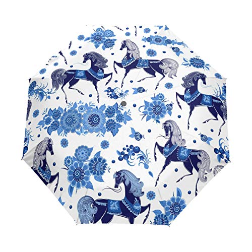 My Daily Fashion Reise-Regenschirm mit Pferdemotiv, automatisches Öffnen/Schließen, leicht, kompakt, winddicht von My Daily
