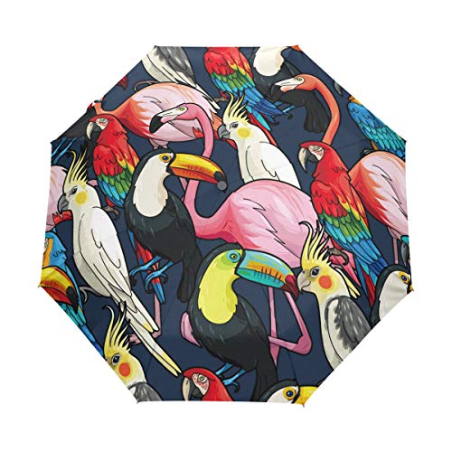 My Daily Regenschirm mit tropischen Vögeln, Flamingo, Papageien, Reiseschirm, automatisches Öffnen/Schließen, leicht, kompakt, von My Daily