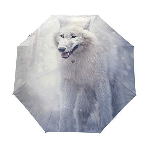 My Daily Weißer Wolf Regenschirm für den Winter, Wald, Reisen, automatisches Öffnen und Schließen, Anti-UV, winddicht, leicht, kompakt, faltbar von My Daily