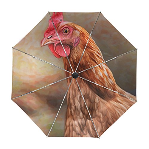 MyDaily Reise-Regenschirm, Motiv Hühner, automatischer Öffnung, UV-Schutz, winddicht, leicht, Braun von MyDaily