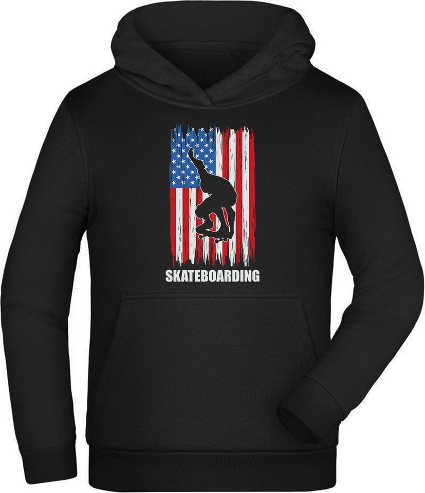 MyDesign24 Hoodie Kinder Kapuzensweater - Skater Hoodie mit Skateboarder vor USA Flagge Kapuzenpulli mit Aufdruck, i541 von MyDesign24
