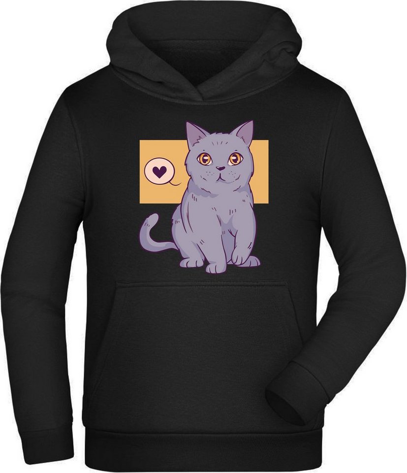 MyDesign24 Hoodie Kinder Sweatshirt mit Kapuze - niedliche Katze mit Herz Kapuzensweater mit Aufdruck schwarz, i129 von MyDesign24