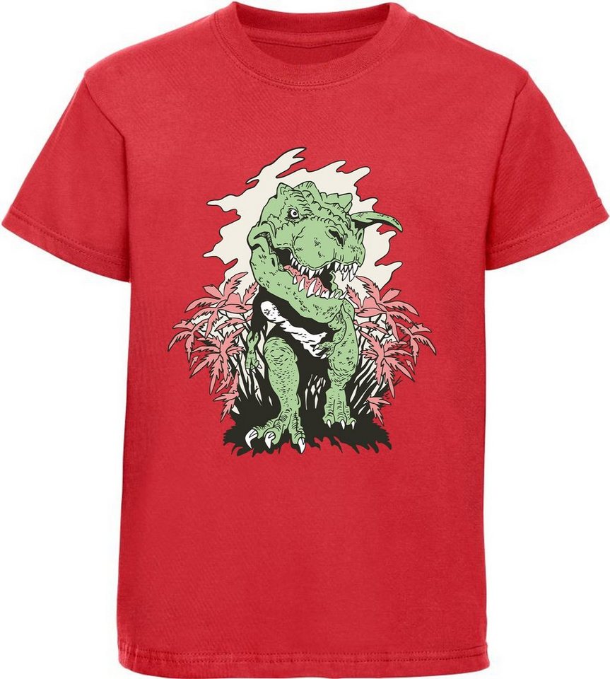 MyDesign24 Print-Shirt bedrucktes Kinder T-Shirt T-Rex der aus einem Busch kommt 100% Baumwolle mit Dino Aufdruck, schwarz, weiß, rot, blau, i101 von MyDesign24