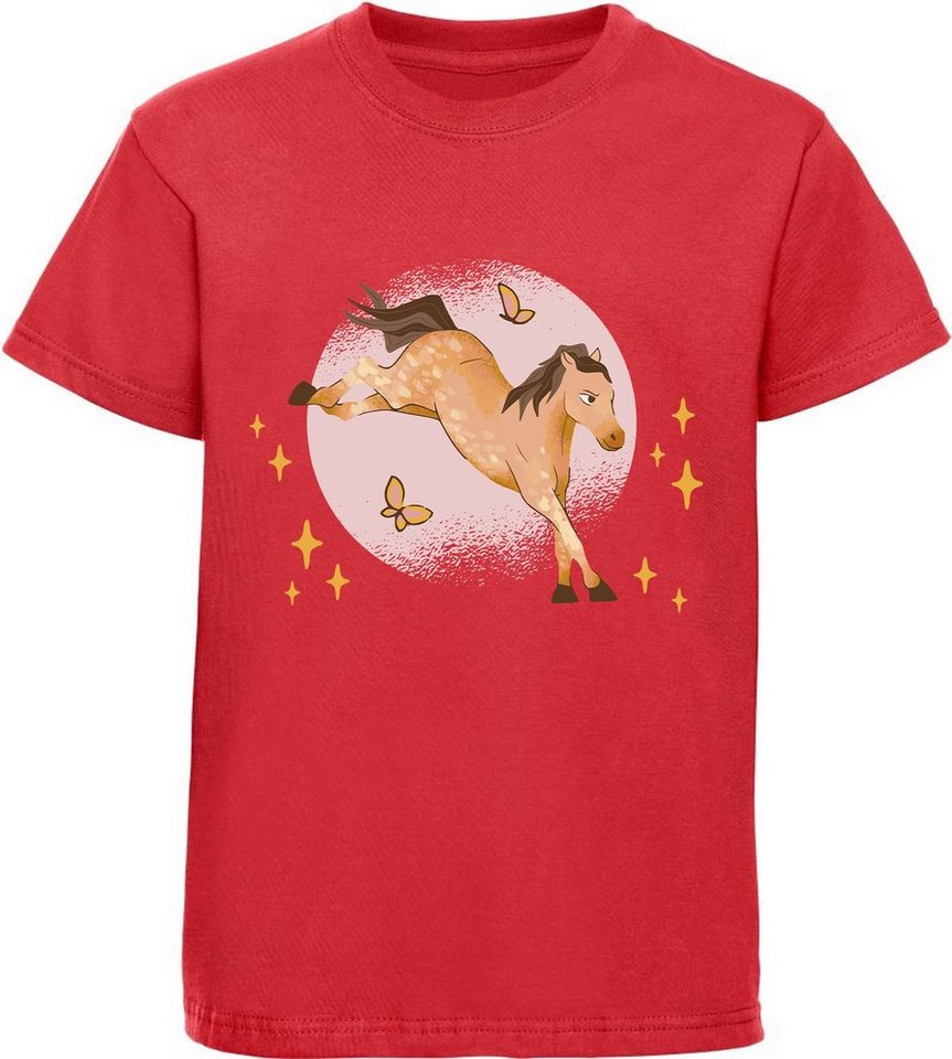 MyDesign24 Print-Shirt bedrucktes Mädchen T-Shirt austretendes Pferd und Schmetterlinge Baumwollshirt mit Aufdruck, i157 von MyDesign24