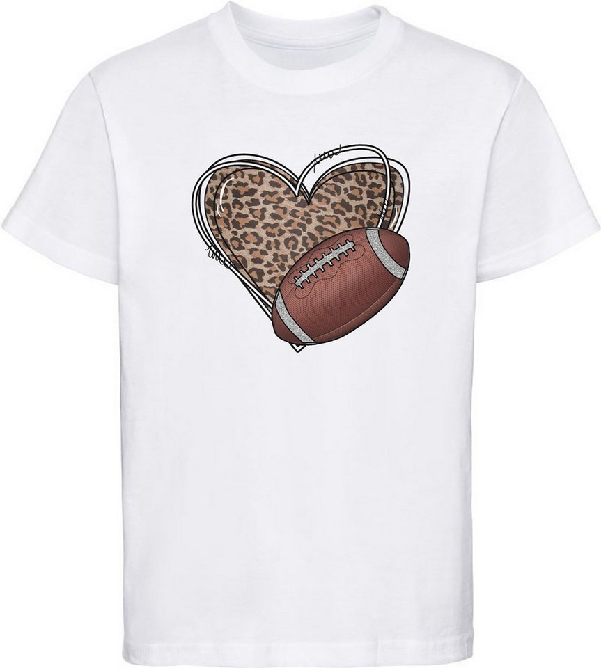 MyDesign24 T-Shirt Kinder Football Shirt Herz in Leoparden Muster mit American Football Bedrucktes Jungen und Mädchen American Football T-Shirt, i490 von MyDesign24