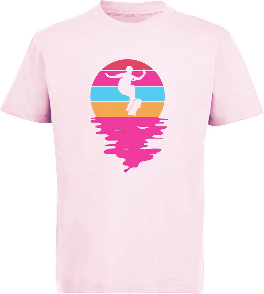 MyDesign24 T-Shirt Kinder Print Shirt Springende Skateboarder Silhouette vor Retro Sonne Bedrucktes Jungen und Mädchen Skater T-Shirt, i527 von MyDesign24