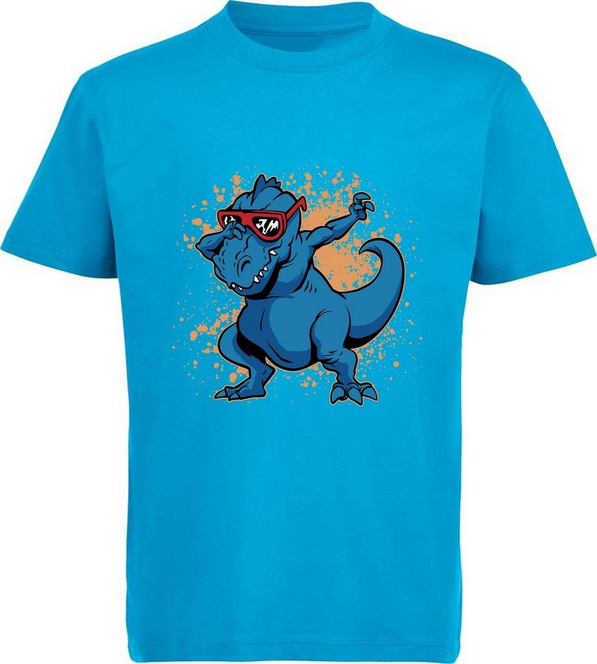 MyDesign24 T-Shirt bedrucktes Kinder T-Shirt T-Rex mit Brille am tanzen 100% Baumwolle mit Dino Aufdruck, aqua blau i49 von MyDesign24