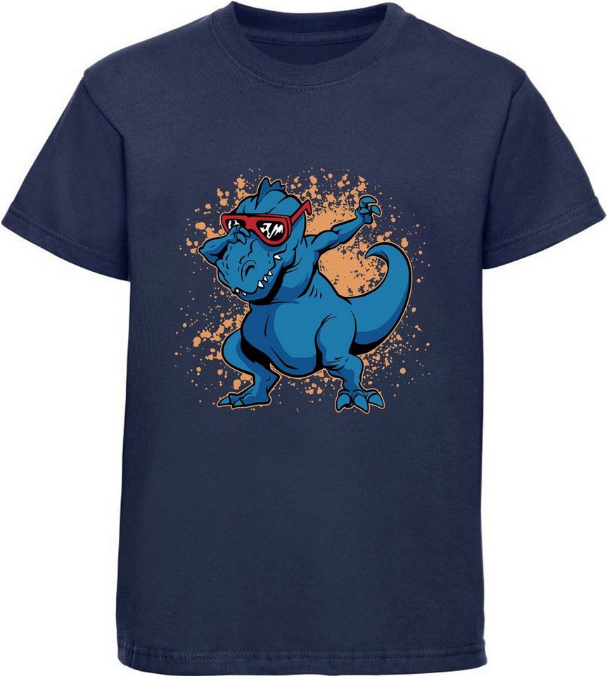 MyDesign24 T-Shirt bedrucktes Kinder T-Shirt T-Rex mit Brille am tanzen 100% Baumwolle mit Dino Aufdruck, navy blau i49 von MyDesign24
