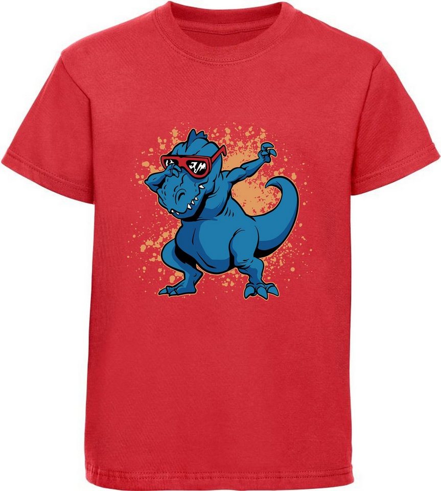MyDesign24 T-Shirt bedrucktes Kinder T-Shirt T-Rex mit Brille am tanzen 100% Baumwolle mit Dino Aufdruck, rot i49 von MyDesign24