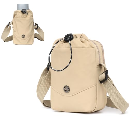 Myhozee Damen Handtasche Nylon Umhängetasche Kleine Handytasche Tasche Herren Crossbody Bag Wasserdicht Taschen mit Trinkbecher-Aufbewahrungstasche Khaki von Myhozee