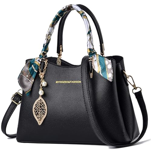 Myhozee Handtasche Damen Mittelgroß PU Leder Fashion Henkeltasche Crossbody Bag Frauen Taschen Damen-henkeltaschen Umhängetasche Schultertasche Damenhandtaschen mit Reißverschluss Schwarz von Myhozee