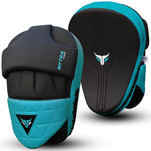 Mytra Fusion Box Pratzen Gebogen Kickboxen Pratzen MMA, Muay Thai, Kampfkunst, Schlagen, Karate Training Handpratzen (Black/Turquoise) von Mytra Fusion