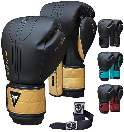 Mytra Fusion Boxhandschuhe Im Lieferumfang von Free Hand Wraps enthalten Box Handschuhe MMA Training Muay Thai Handschuhe Männer & Damen Kickbox Handschuhe (10-oz, Black/Gold) von Mytra Fusion