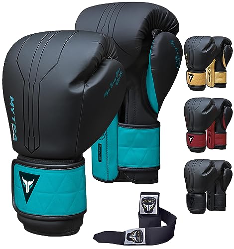 Mytra Fusion Boxhandschuhe Im Lieferumfang von Free Hand Wraps enthalten Box Handschuhe MMA Training Muay Thai Handschuhe Männer & Damen Kickbox Handschuhe (12-oz, Black/Turquoise) von Mytra Fusion