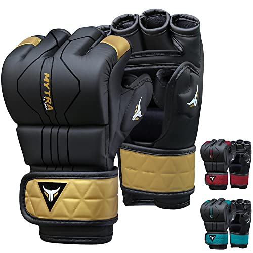 Mytra Fusion MMA Handschuhe mit offener belüfteter Handfläche MMA Sparring Handschuhe Kickboxen, Grappling, Training, Cage Fighting Mixed Martial Arts Handschuhe (L, Black/Gold) von Mytra Fusion