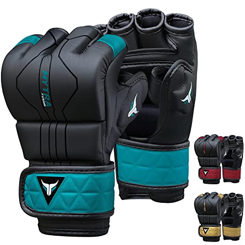 Mytra Fusion MMA Handschuhe mit offener belüfteter Handfläche MMA Sparring Handschuhe Kickboxen, Grappling, Training, Cage Fighting Mixed Martial Arts Handschuhe (L, Black/Turquoise) von Mytra Fusion
