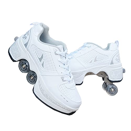 Roller Skate Roller Skates, Unisex Schuhe mit Rollen, 2in1 Mehrzweckschuhe Schuhe mit Rädern, Skateboard-Schuhe, verstellbare Quad Roller Skate Stiefel, Skateboard-Schuhe (36/UK4, weiß silber) von N\B